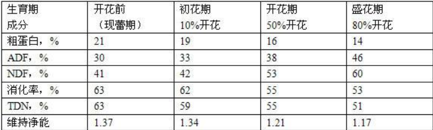 紫花苜蓿不同生长时期的营养成分